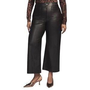 Anthropologie Maeve Colette Cropped Wide-Leg Pants Black Faux Leather Sz 30